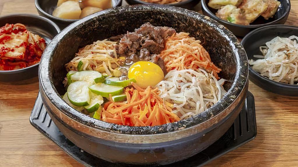 Bibimbap (비빔밥) · Rice, zucchini, bean sprout, carrot, radish, egg, beef OR tofu