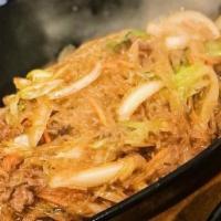 Japchae (잡채) · Starch Noodles, Zucchini, Cabbage, Onion, Green onion, Beef OR Tofu + side dishes