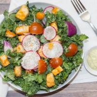 Chopped Kale · Chopped kale, cherry tomatoes, red onion, radish, cotija cheese, Huss house croutons tossed ...