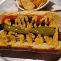 Chicago Char Dog · Pickle spears, tomatoes, spicy mustard, white onion, 