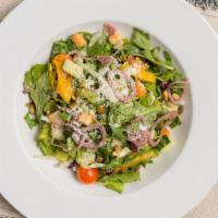 Orange Chipotle Salad · Mixed greens, cabbage, grape tomatoes, orange supremes, pickled shallots, cucumber, and crou...