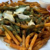 Green Fries · a pile o’ fries topped with pesto & brie.