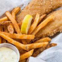Fish & Chips · Pub-style, beer-battered cod fillets, served atop a pile of our fries with tartar sauce, & m...