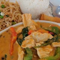 Panang Curry · Panang curry paste with coconut milk, bell peppers, onions and sweet basil.