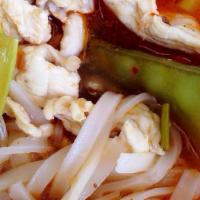 Chicken Noodles Soup · Thin rice noodles with chicken and bean sprouts in our special broth topped with fried garli...