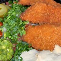 Schnitzel Plate · Our homemade breaded chicken on a bed of rice with salad, hummus, and a freshly baked pita b...