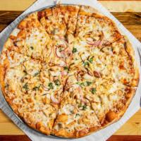 Bbq Chicken Pizza · Served with sliced red onions, cilantro, smoked Gouda, mozzarella cheese and BBQ sauce.