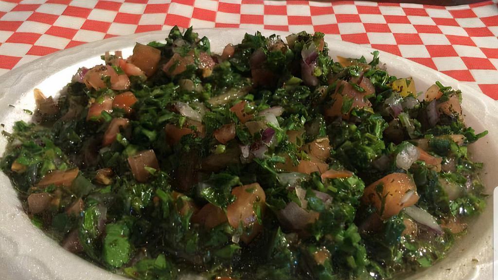 Tabbouleh Salad · Italian parsley, tomato, onions, lemon juice, dry mint, olive oil, and salt