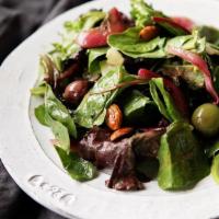Organic Greens Side Salad · Roasted red onions, almonds, mixed olives and organic field greens finished with balsamic vi...