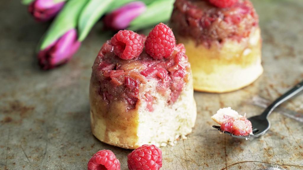 Mini Raspberry Rhubarb Upside-Down Cake · Caramelized raspberries and tart rhubarb with a hint of anise top our buttery yellow cake in this classic upside down cake with a twist. Contains amaretto. 2.5