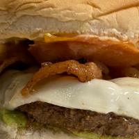 Arizona Burger · Premium beef patty topped with mayo, Provolone Cheese, bacon, avocado, tomato.