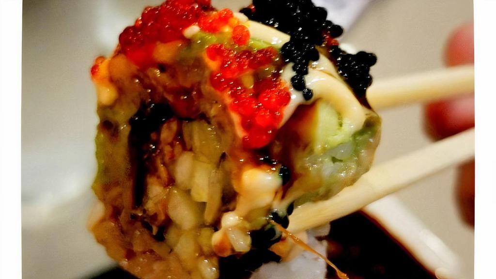 Caterpillar · Eel, cucumber with avocado and tobiko on top.