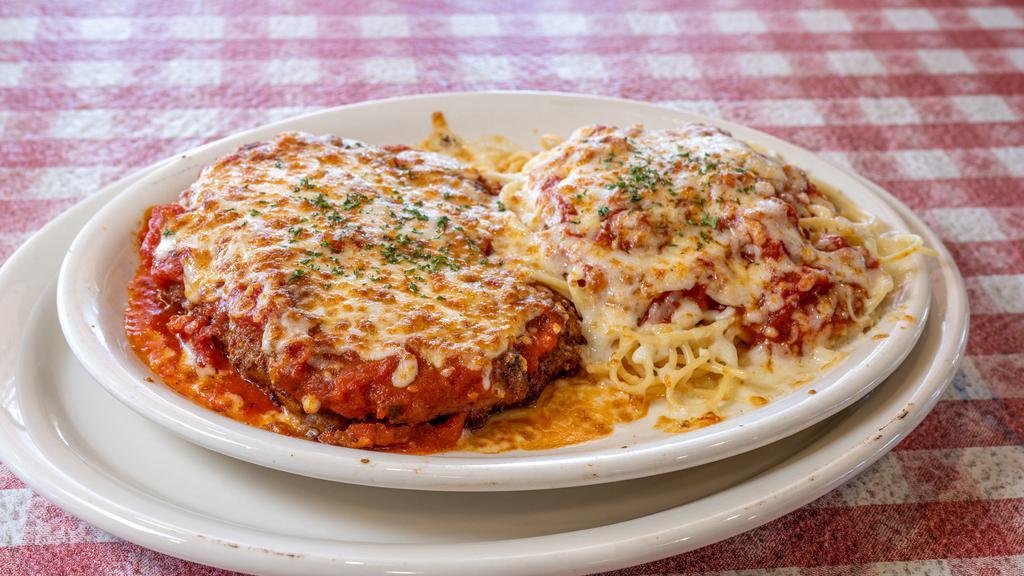 Chicken Parmigiana Pasta · Baked chicken breast smothered with marinara sauce and mozzarella. Served with a side of spaghetti or ziti.