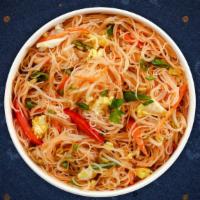 Pad Woonsen · Glass noodle stir-fried with egg, garlic, tomatoes, green onions, onions, cabbage, carrots, ...