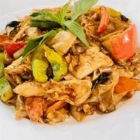 Phad Kee Mao · Wide rice noodles stir-fried in our special spicy sauce with bamboo shoots, tomatoes, onions...