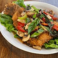 Three Flavor Trout  · Deep fried trout topped with our three flavor sauce (made with vinegar, fish sauce, sugar an...