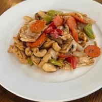 Cashew · Roasted cashew nuts, bell pepper, onion, carrots, celery, and mushroom in chili sauce (conta...