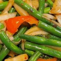 Green Beans Delight ** · Stir-Fried Green Beans, Chili Paste, Sweet Basil, Mushroom, Red Bell Pepper, and Onion.