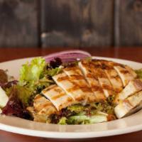 The Candied Pecan · Fresh cut apples, grilled chicken, bleu cheese crumbles, mixed greens, red onion, balsamic v...