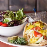 Buffalo Chicken Gyro · Grilled buffalo chicken, shredded lettuce, onions, tomatoes, cucumbers, bleu cheese sauce an...