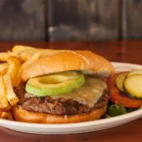 Harvest Burger · Avocado, cucumbers, field greens, onion, tomato, pepperjack, and ancho Chile chipotle sauce.
