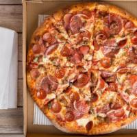 The Sicilian Extra (Extra Large) · Treat yourself to a meaty trio of salami, pepperoni and spicy Italian sausage complemented w...