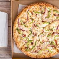 Jim'S Garlic Chicken (Large) · This gourmet pizza starts with a delicious garlic basil sauce topped with grilled chicken, s...