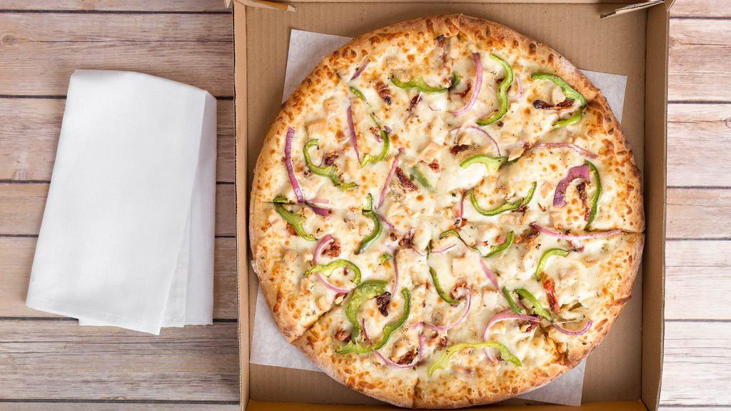 Jim'S Garlic Chicken (Medium) · This gourmet pizza starts with a delicious garlic basil sauce topped with grilled chicken, sun-dried tomatoes, green peppers, red onions, roasted garlic and grated Parmesan cheese. NOTE: The sauce has gluten in it