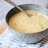 Broccoli Cheddar Soup · Our creamiest soup, with broccoli, carrots and cheddar cheese
