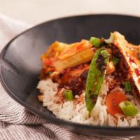 Teriyaki Chicken Rice Pot · Chicken Thigh, Kimchi, Snow Peas, Carrots, Green Onion with Jasmine Rice and Udon Sauce.