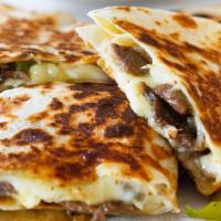 Plt:  Quesadilla W/ Meat · Cheesy quesadilla with your choice of meat on a flour tortilla, rice, beans, and a side salad.