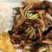 Mongolian Beef · Spicy. Thin-sliced, sweet soy-glazed beef flank steak wok seared with scallions and onions. ...