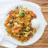 Yakisoba · Yakisoba noodles, green onion, matchstick carrots, cabbage, sliced yellow onoins, bean sprou...