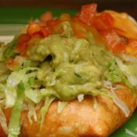 Chimichangas · Flour tortilla stuffed with beans, cheese and your choice of chicken or ground beef rolled u...