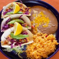 Tacos De Camaron · Shrimp. 3 soft corn tortillas filled with camarones, onions and tomatoes in a cream sauce wi...