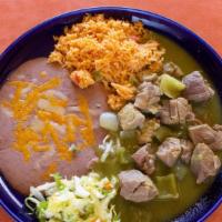 Chile Verde · Chunks of pork smothered in a light green salsa made of tomatillos, mild peppers, onions, an...