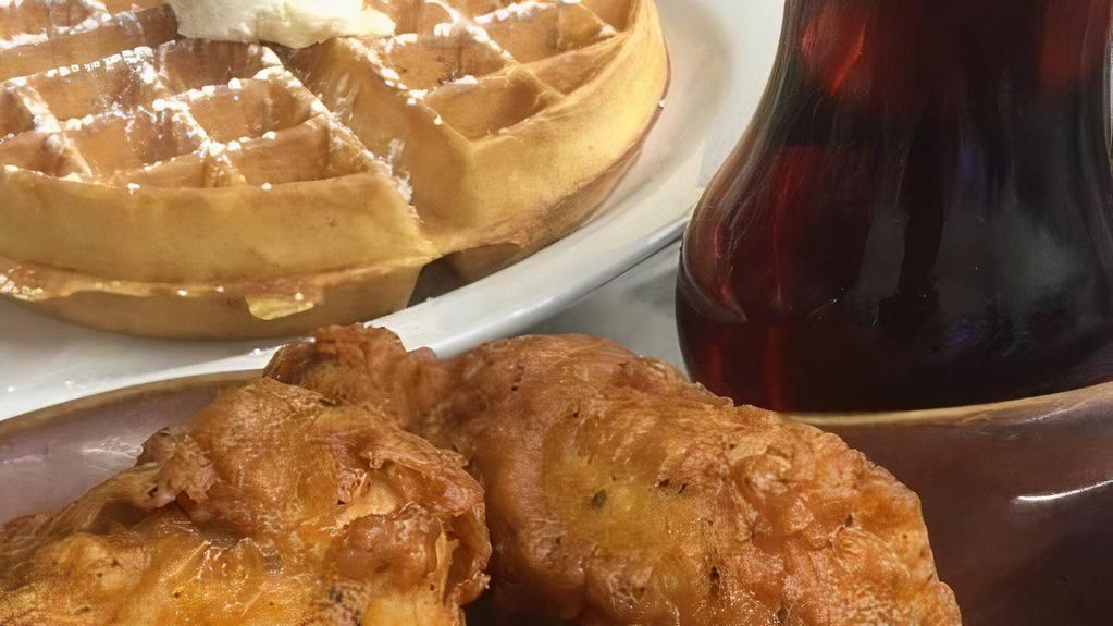 Chicken And Waffle Combo · Favorite.  Three pieces of fried chicken served with one Belgian Waffle.