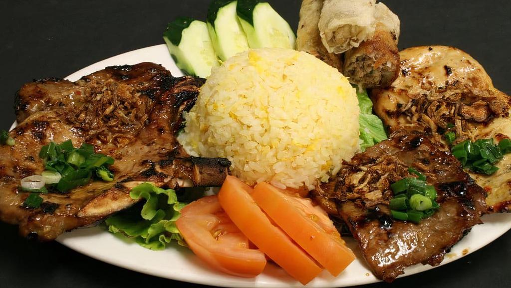 Combination Platter · Meat lover favorite, Vietnamese pork egg rolls, grilled: beef, chicken and pork chop.