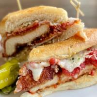 Chicken Parmesan Sandwich · Italian breaded chicken breast, topped with marinara, melted mozzarella and parmesan cheese ...
