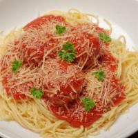 Spaghetti & Meatballs · Meatballs topped with tomato sauce and parmesan.