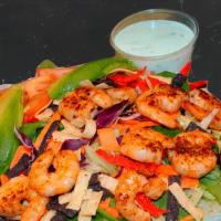 Shrimp Salad · Lettuce, tomatoes, spinach, carrots, cabbage, tortilla chips, avocado.