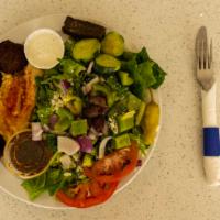 Falafel Platter · Chickpea fritters (4) on a bed of hummus drizzled with olive oil along with a Greek Salad, d...
