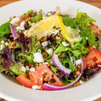 Sun Kissed Salad · Fresh spring mix, dressed in a lemon-thyme vinaigrette. Topped with red onion, cherry tomato...