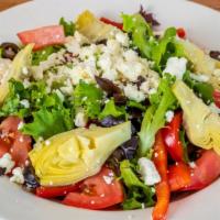 Mediterranean Salad · Fresh spring mix, tomato wedges, artichoke hearts, black olives, red bell peppers, feta crum...