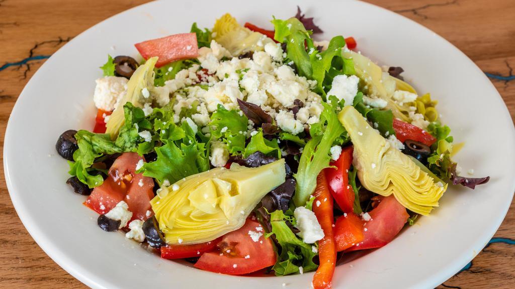 Mediterranean Salad · Fresh spring mix, tomato wedges, artichoke hearts, black olives, red bell peppers, feta crumble, dressed with a greek style vinaigrette