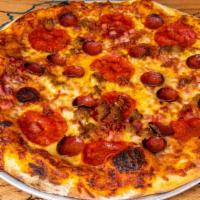 The Black Diamond · In-house red sauce, 3 cheese mountain blend, beef sausage, pepperoni, ham, bacon, garlic, se...