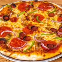 The Big Pine · - in-house red sauce, 3 cheese mountain blend, beef sausage, pepperoni, red onion, green bel...