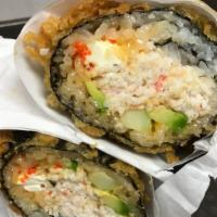 Califoria Sumo Burrito (Deep Fried) · Crabmeat, cucumber, avocado, cream cheese, tobiko, spicy mayo and eel sauce.
