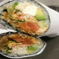Vegas Burrito · Fresh salmon, crabmeat, cucumber, avocado, cream cheese, lettuce, spicy mayo, eel sauce