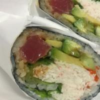 Utes Burrito · Fresh tuna, cucumber, avocado, crabmeat, tobiko, lettuce, wasabi mayo, eel sauce